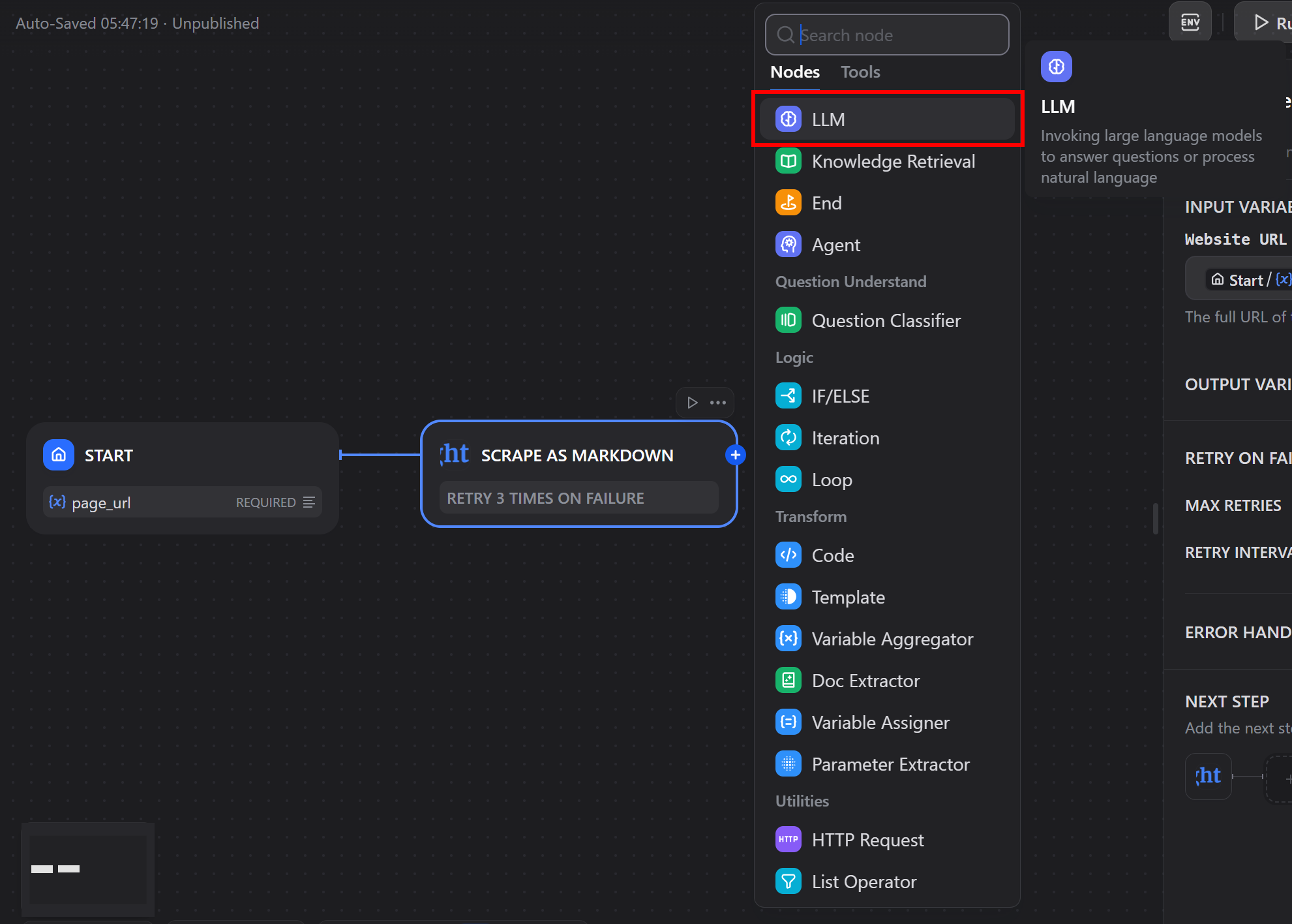 Selecting the LLM node