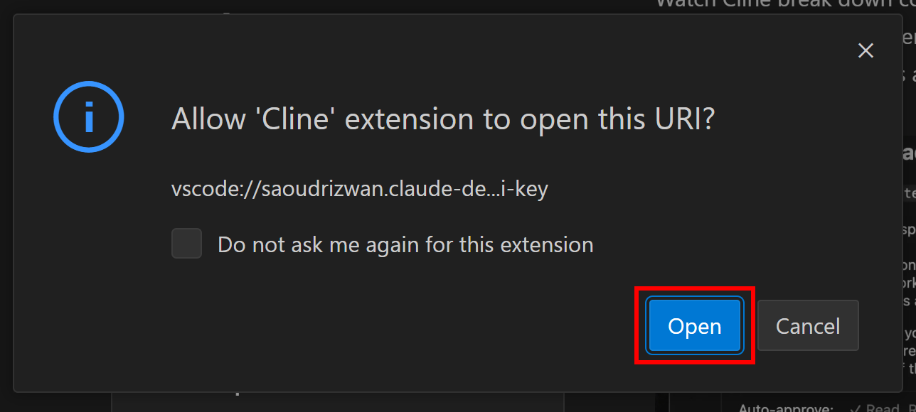 Clicking “Open” to authenticate the Cline extension