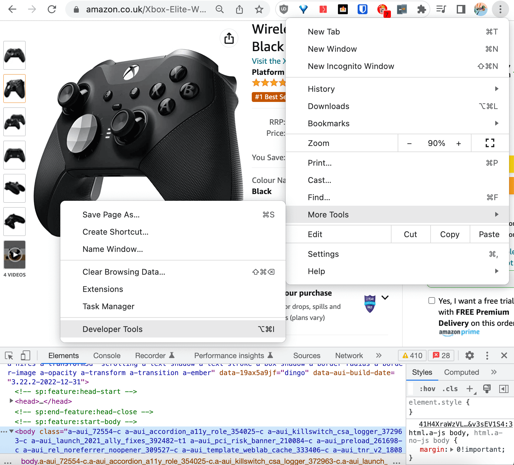 Process of opening Developer Tools in Chrome