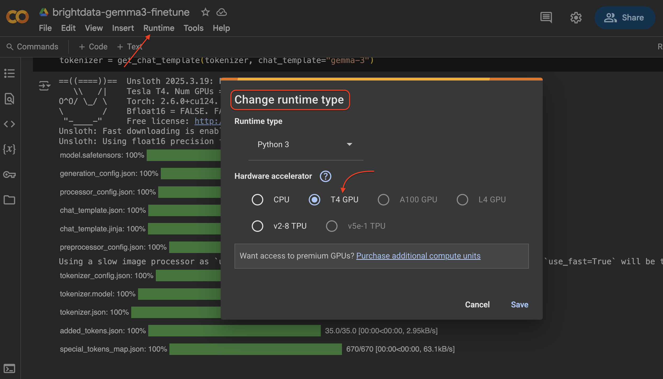 Screenshot of a coding environment showing the option to change runtime type in a Python notebook, featuring various hardware accelerator options including T4 GPU and a loading progress indicator for model files on the left.