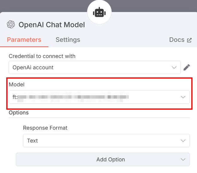 The settings of the OpenAI Chat Model node