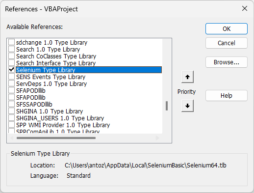 checking selenium type library form the options