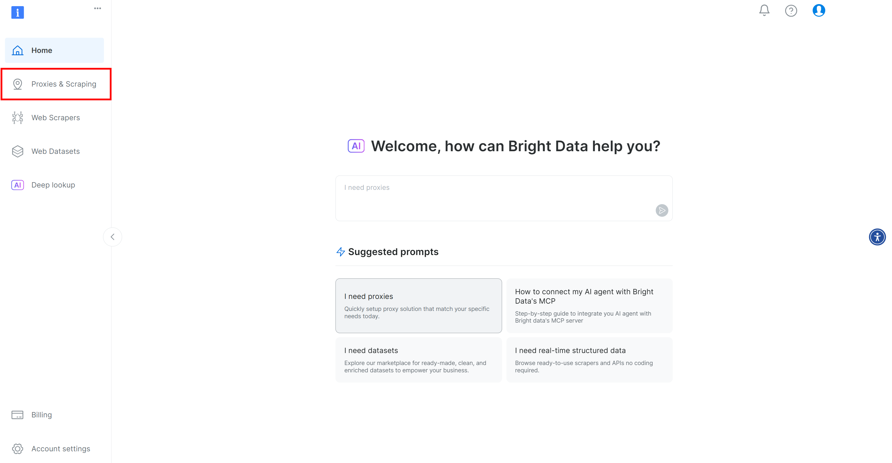 Clicking the “Proxies & Scraping” button in the Bright Data dashboard