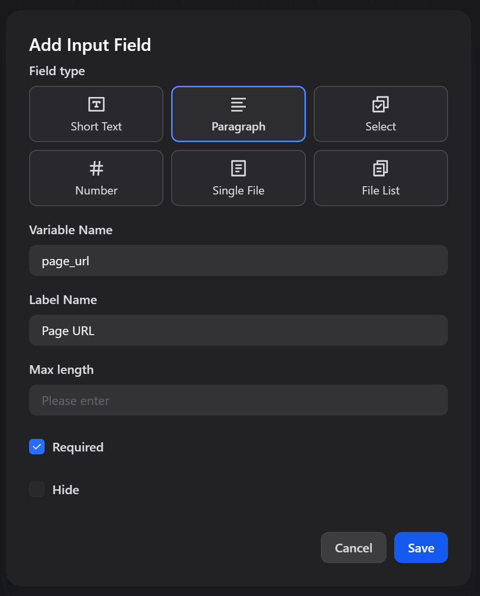 Defining the “Paragraph” page_url input