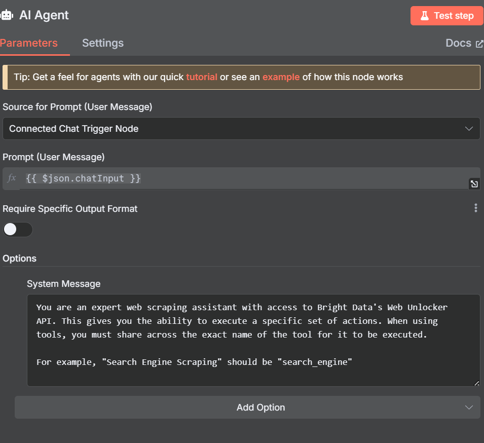 Adjusted AI Agent With System Message