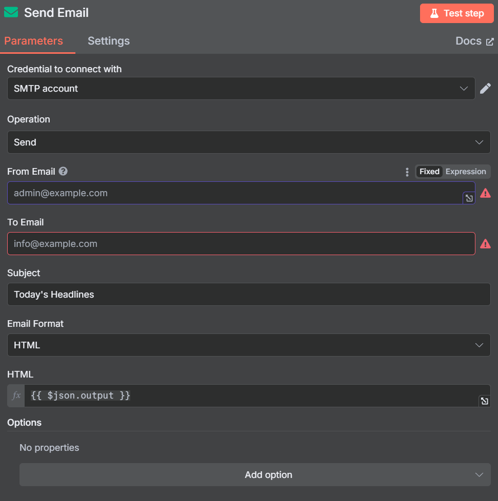 SMTP Email Parameters