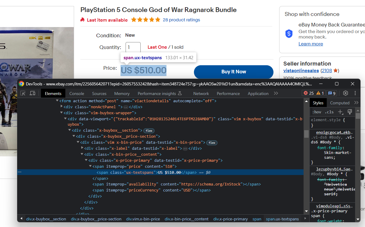 Inspect the HTML price element: