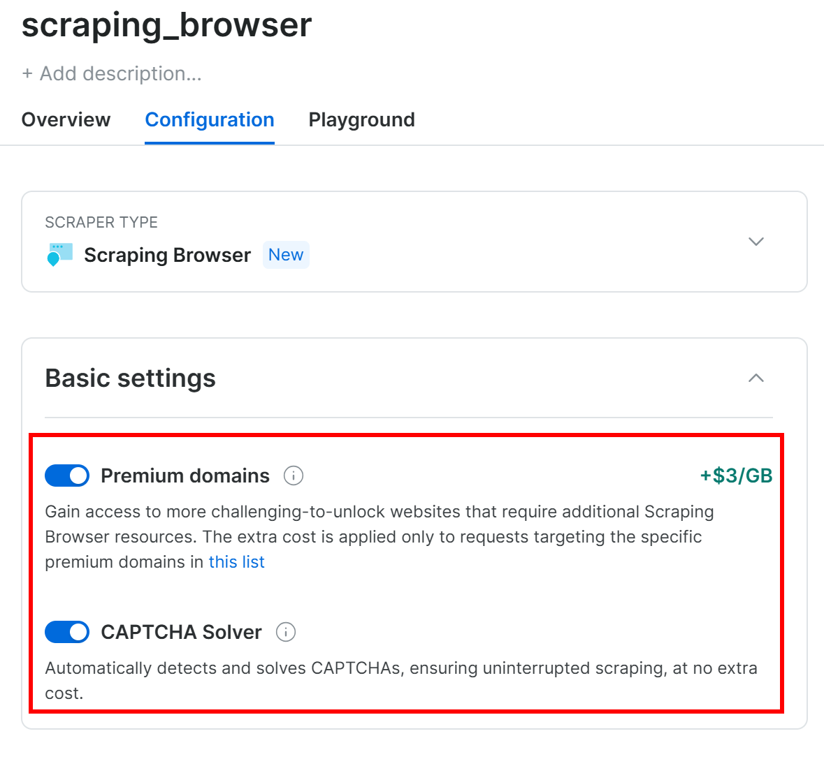 Screenshot showing the configuration settings for a Scraping Browser. Features include an option to enable Premium domains with an additional cost of $3 per GB and a CAPTCHA Solver that automatically detects and solves CAPTCHAs.