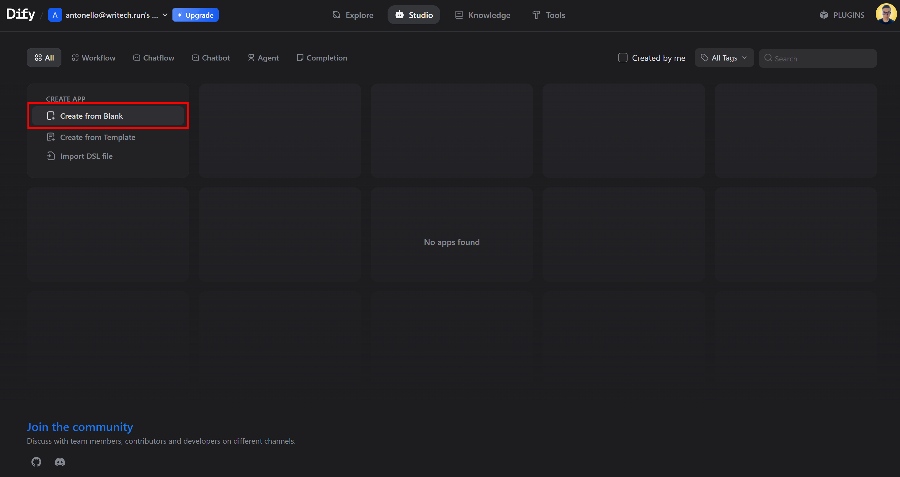 Clicking the “Create from Blank” option