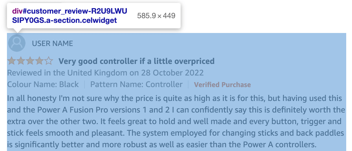 Customer review from the Amazon product page selected with DevTools in Chrome