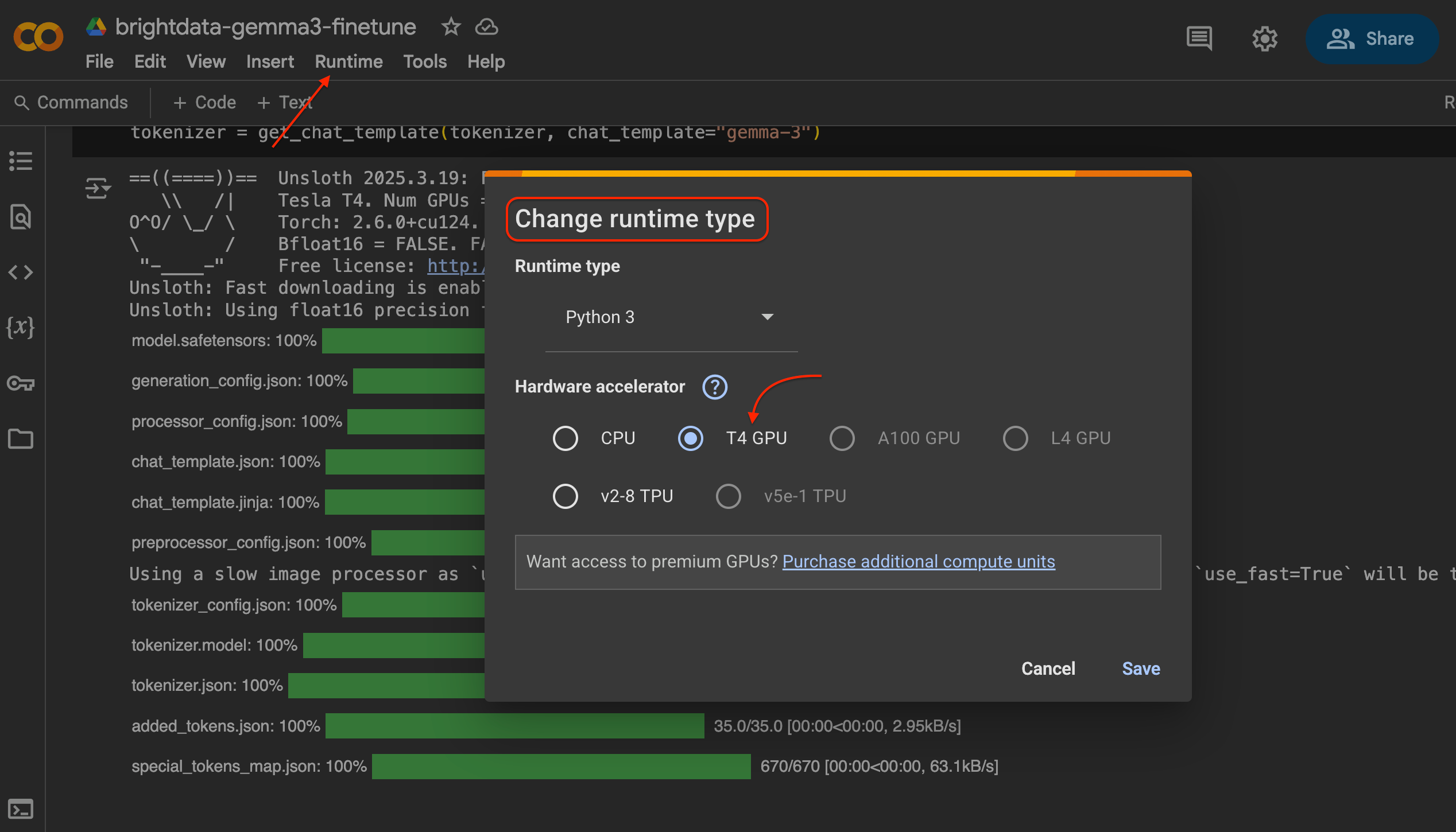 Screenshot of a coding environment showing the option to change runtime type in a Python notebook, featuring various hardware accelerator options including T4 GPU and a loading progress indicator for model files on the left.