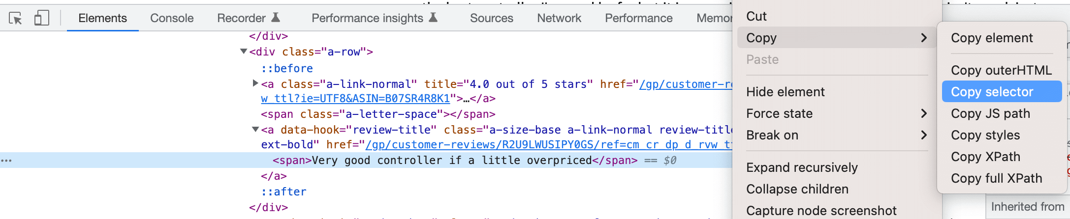 Process of copying the CSS selector for an element from Developer Tools in Chrome