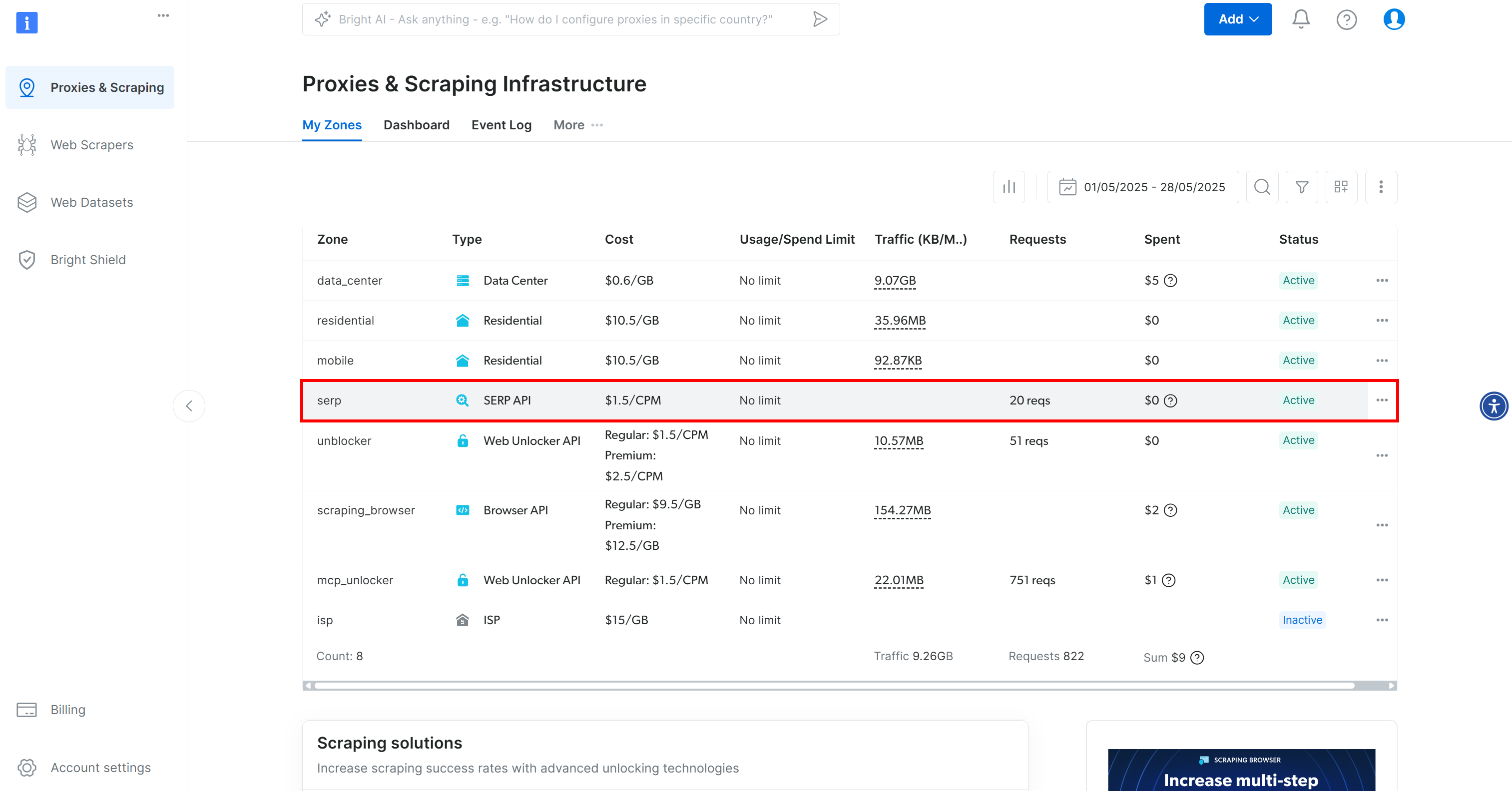 Selecting the “SERP API” row
