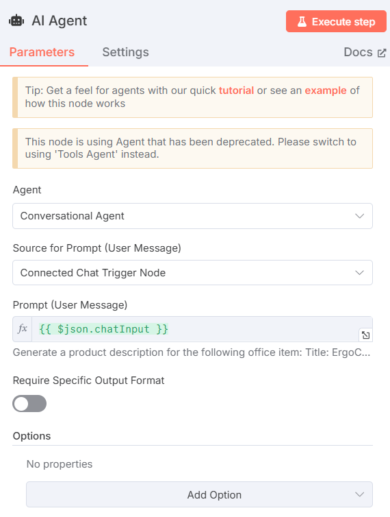 The AI Agent node settings