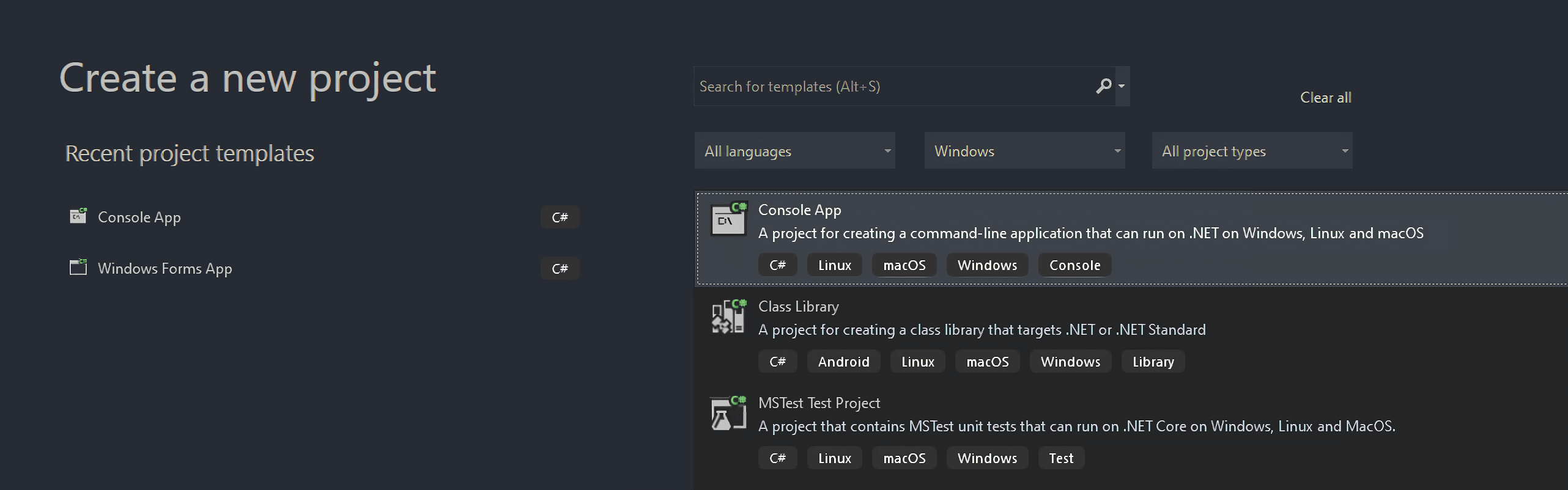 Selecting the Console App template