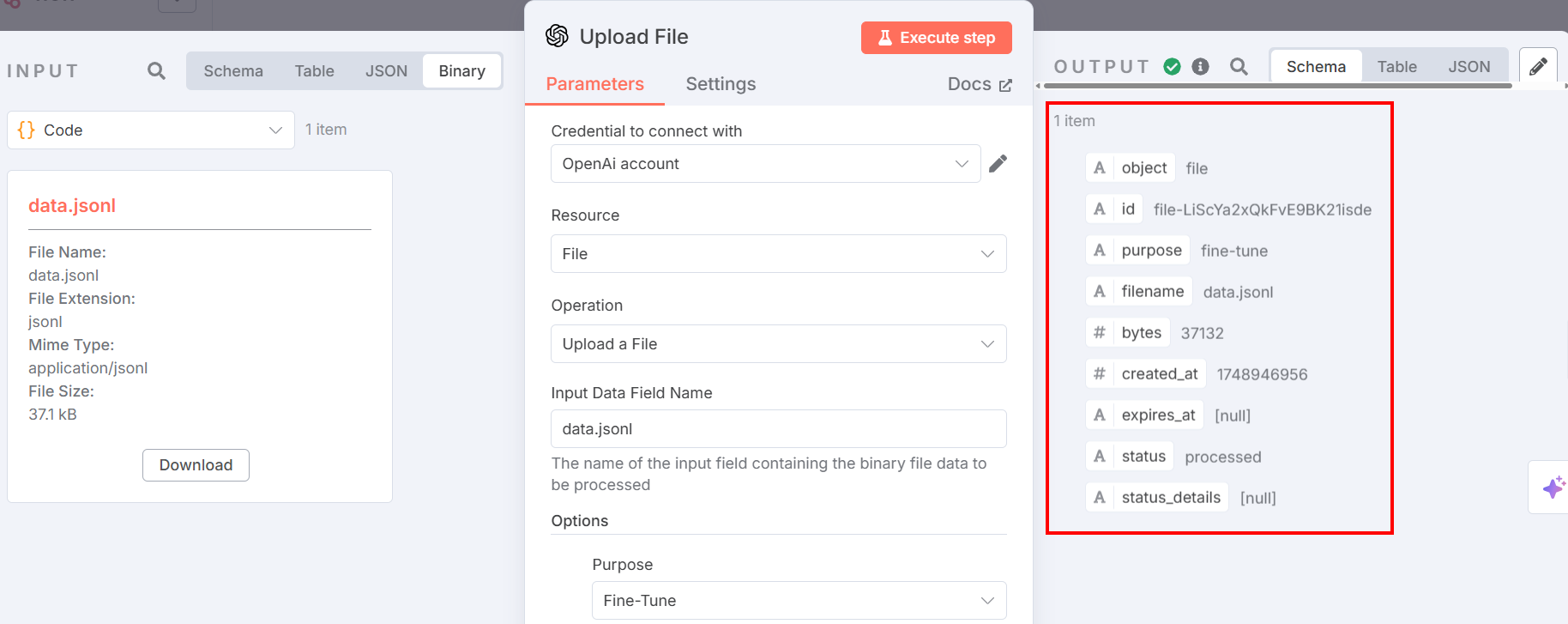 The output of the OpenAI upload file node