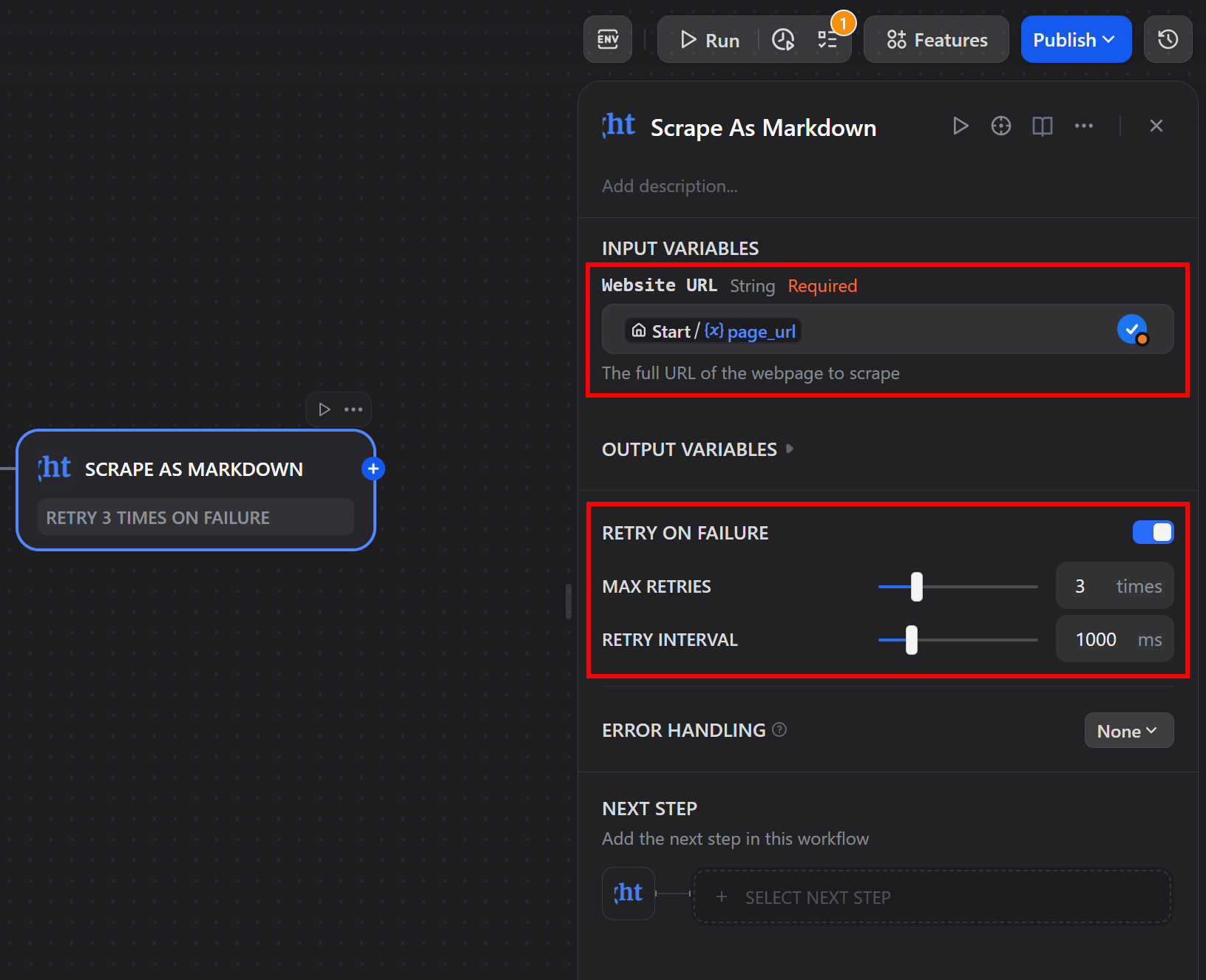 Configuring the “SCRAPE AS MARKDOWN” tool from the demlon plugin