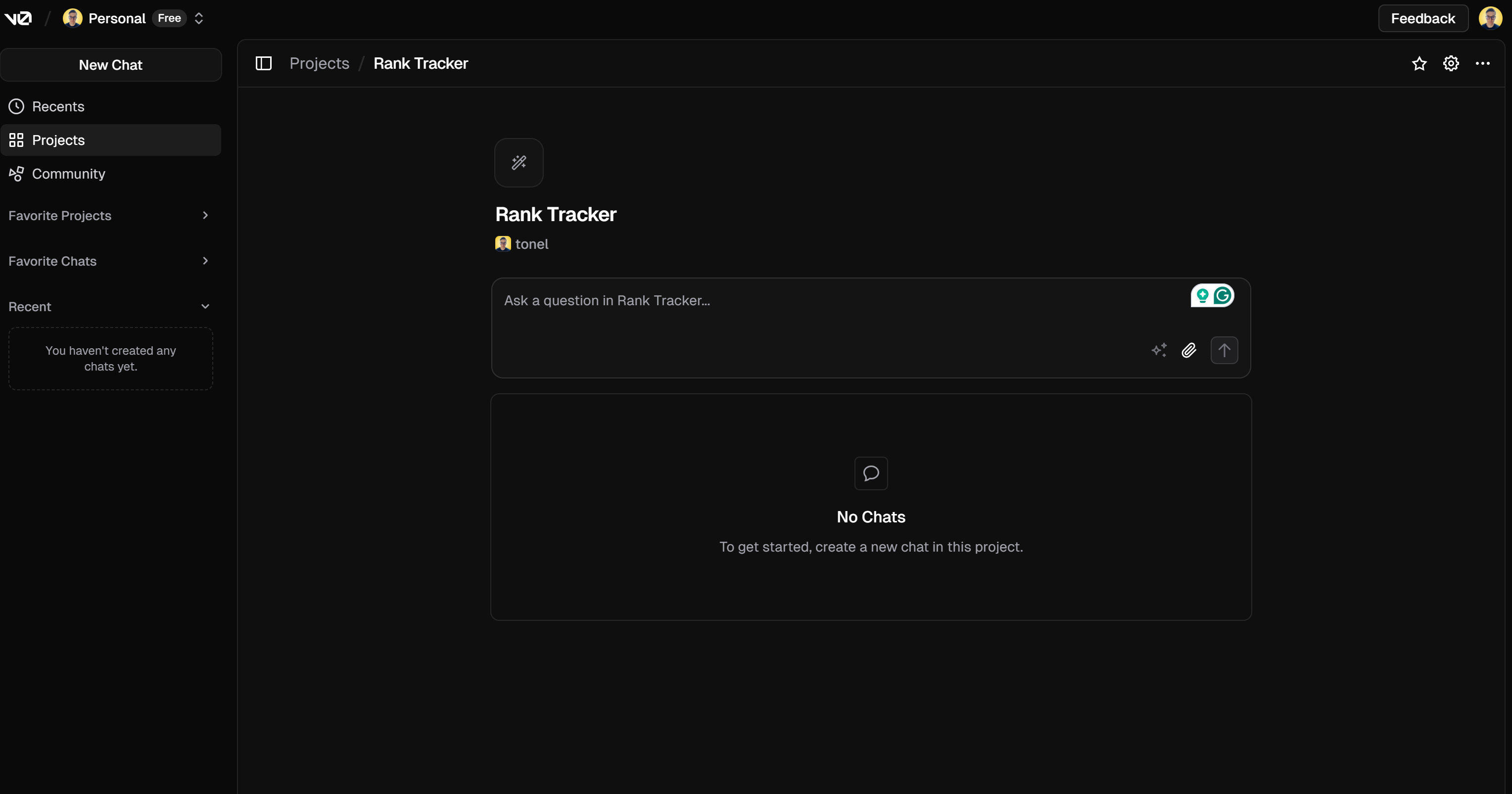 A dark-themed user interface for a project management tool showing a 'Rank Tracker' project section. It includes a text input area for asking questions, an empty chat area indicating that no chats have been created, and a notification about recent activities on the left side.