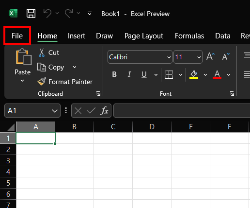 clicking on file in the top corner