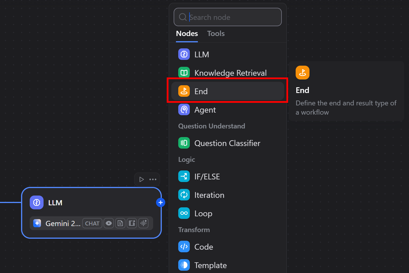 Selecting an “End” node