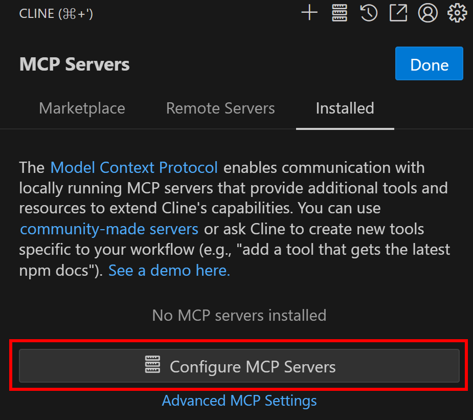 Clicking on the "Configure MCP Servers" button