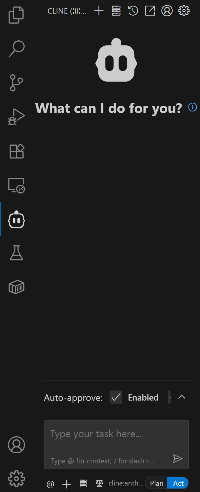 The Cline extension panel in VS Code
