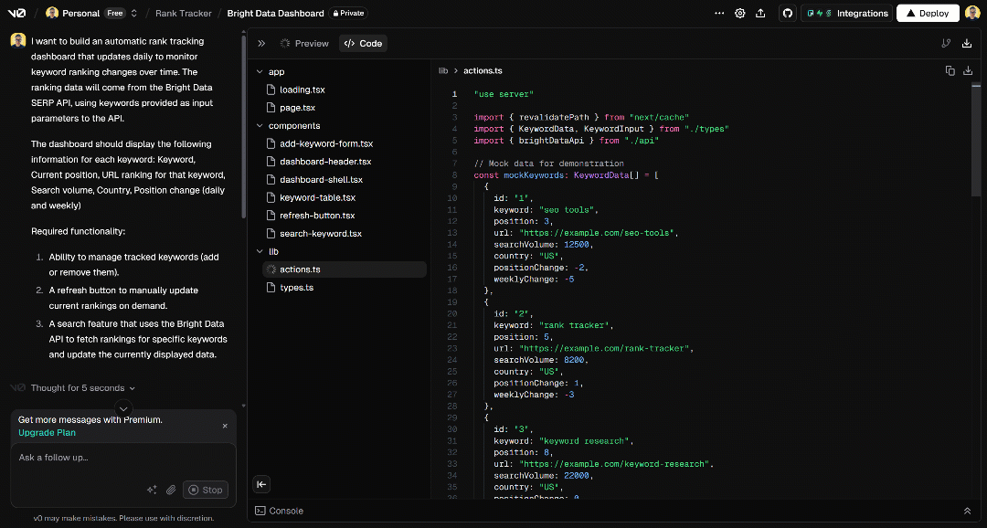 v0 generating your code after prompt execution