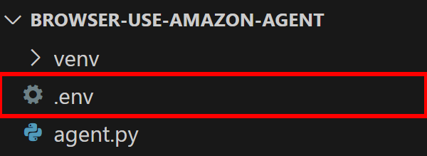 .env file highlighted in a directory structure under the 'BROWSER-USE-AMAZON-AGENT' section in a coding environment.