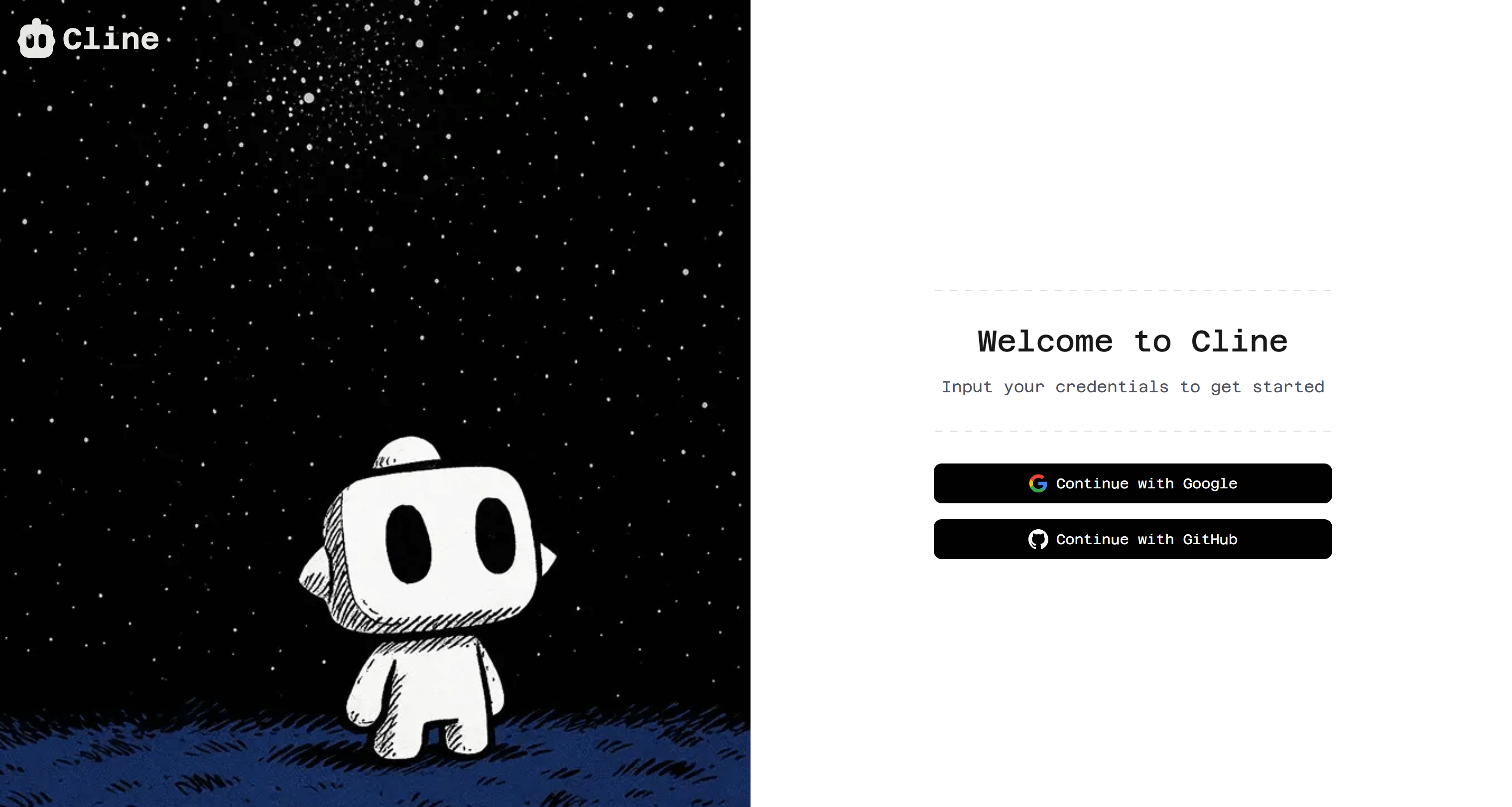 The Cline login / account creation page