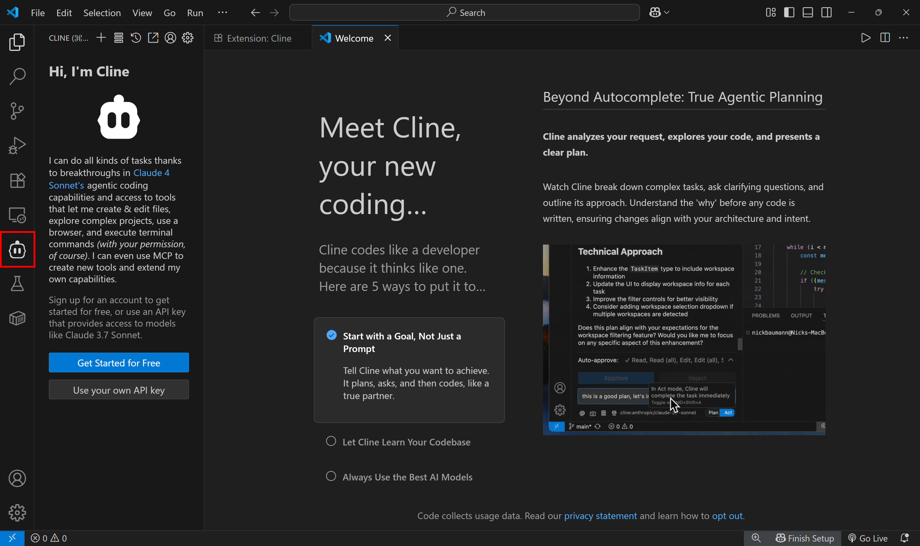 Cline activated in VS Code