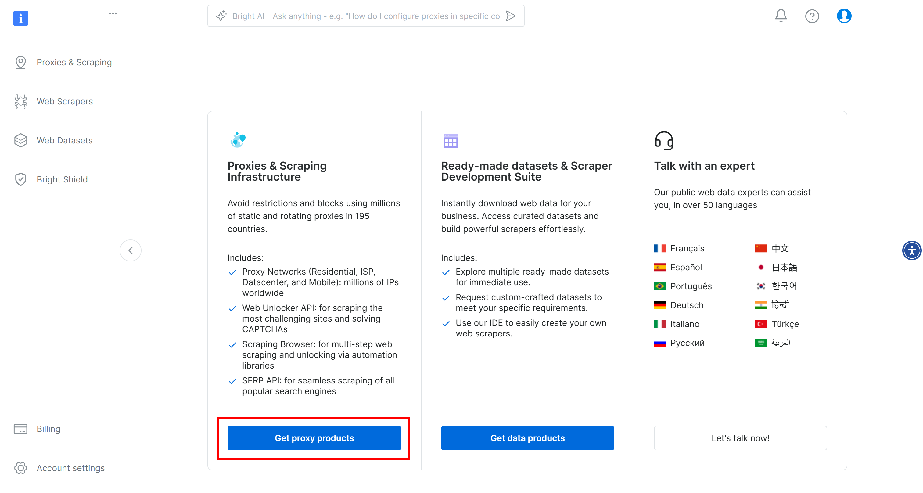 A dashboard displaying options for web scraping services, featuring sections for 'Proxies & Scraping Infrastructure' with a description, 'Ready-made datasets & Scraper Development Suite,' and 'Talk with an expert,' along with buttons to 'Get proxy products' and 'Get data products.'