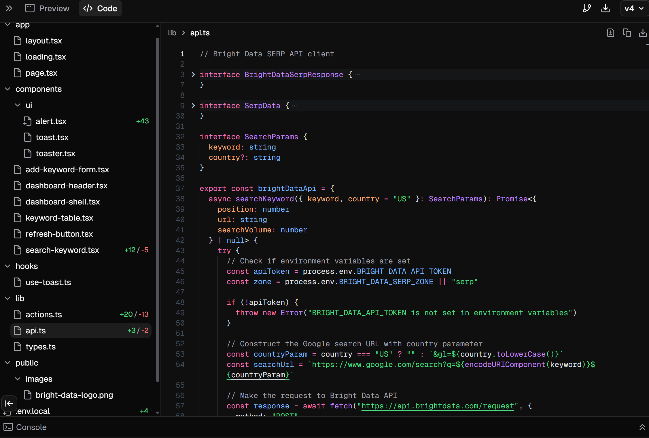 A code editor interface showing TypeScript code for a demlon SERP API client. The code includes interface definitions for response and search parameters, as well as an exported async function to search keywords, checking environment variables and constructing a Google search URL based on the input parameters.