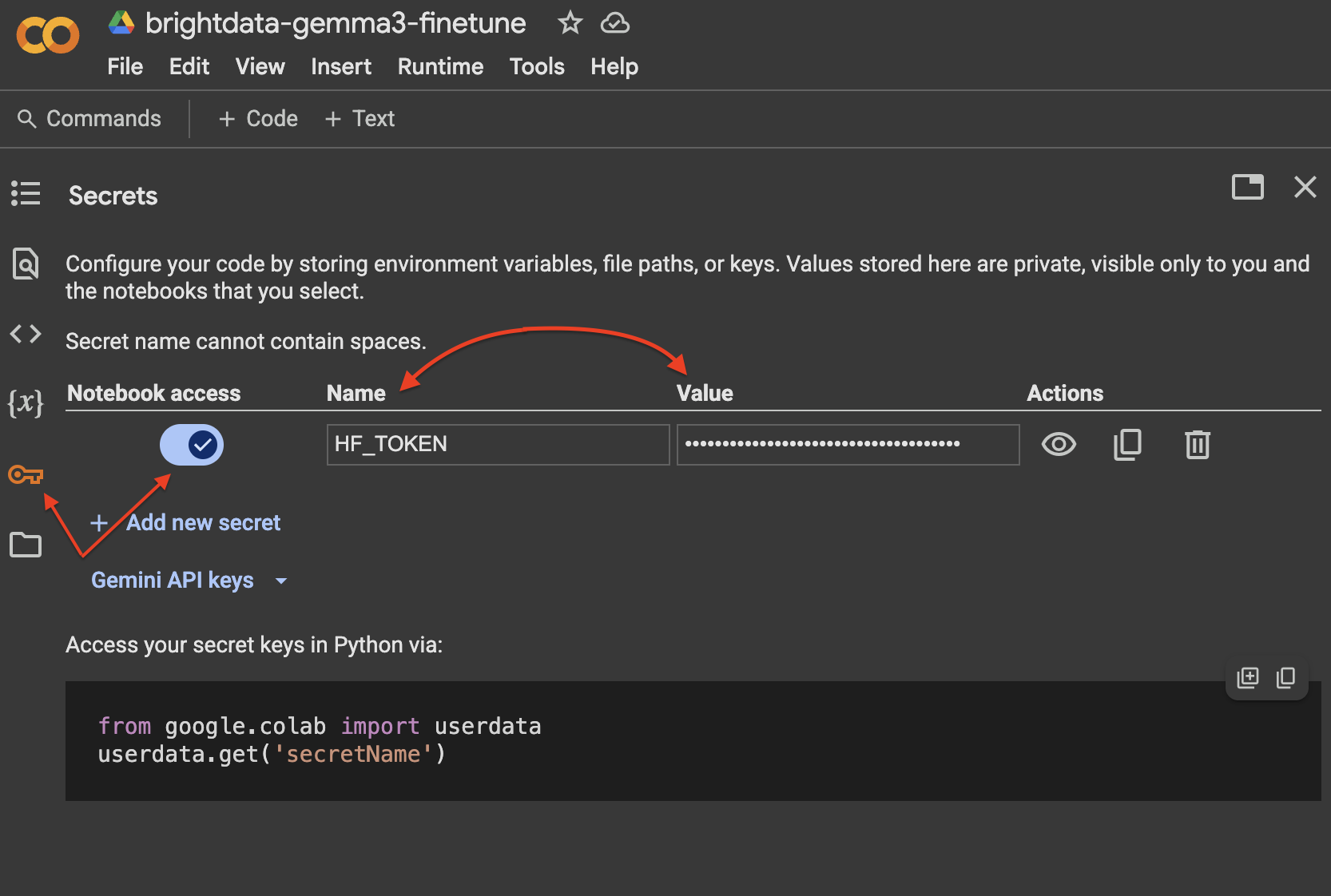 A screenshot from Google Colab showing the 'Secrets' section where users can configure environment variables. It displays options to add a new secret, with a highlighted 'HF_TOKEN' name and its respective value obscured. Instructions on how to access the secrets in Python are provided below.
