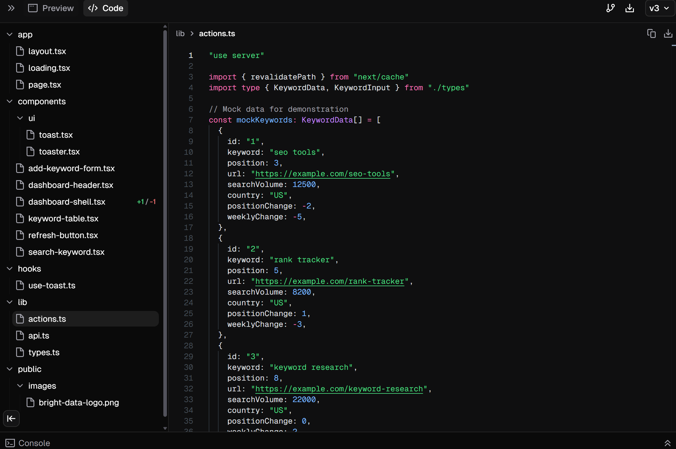 Code editor displaying a TypeScript file with mock keyword data, including properties like id, keyword, position, URL, search volume, country, position change, and weekly change.
