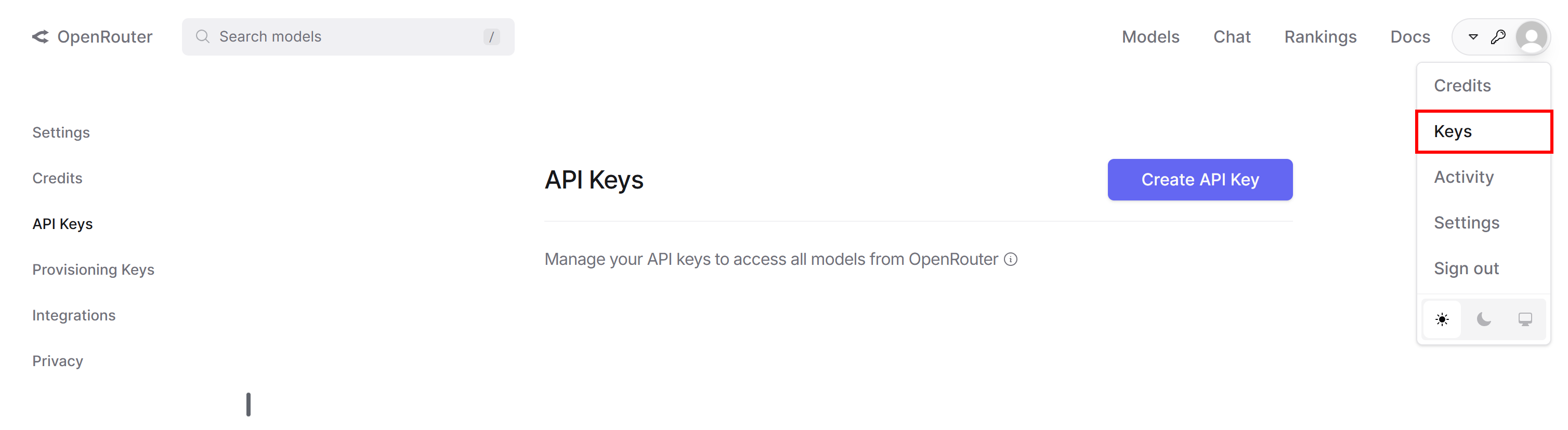 The “API Keys” page in the OpenRouter platform