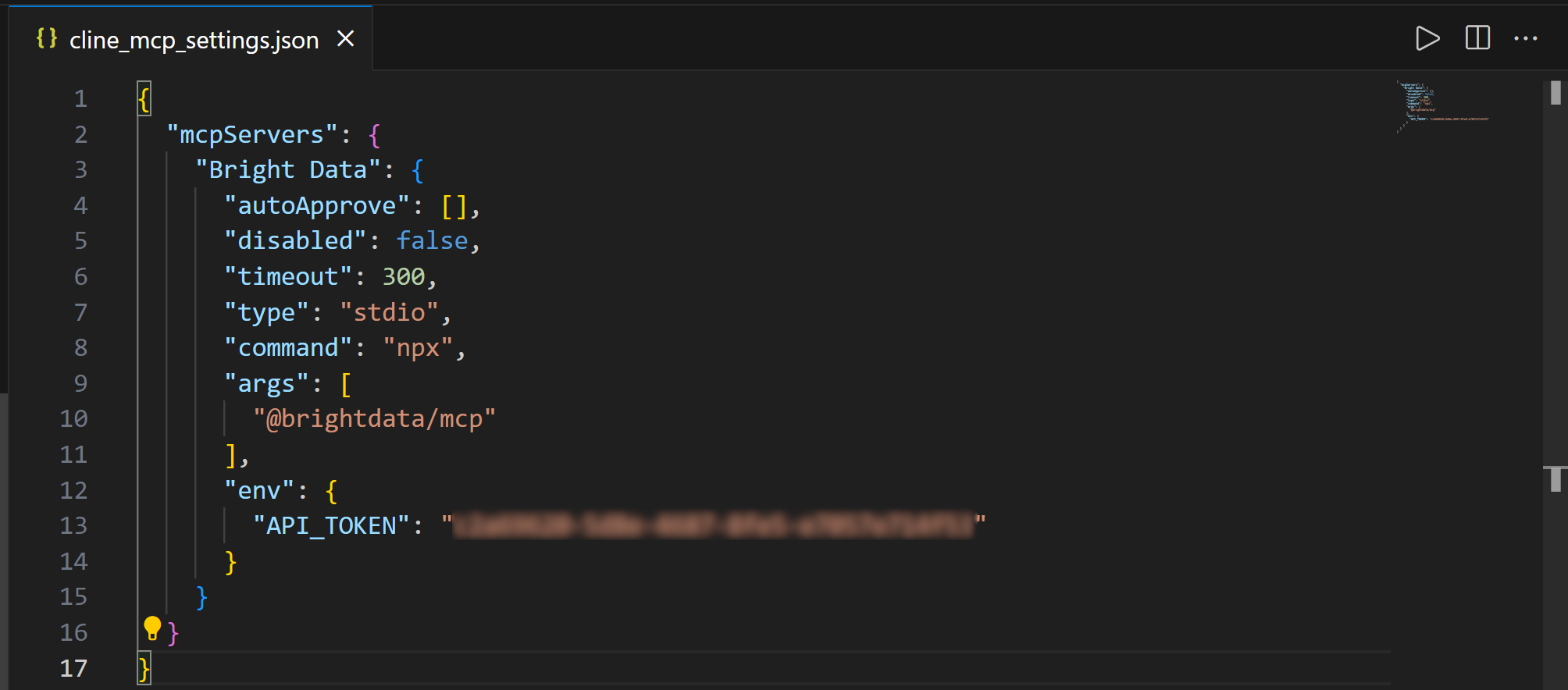 The JSON code for the MCP server connection
