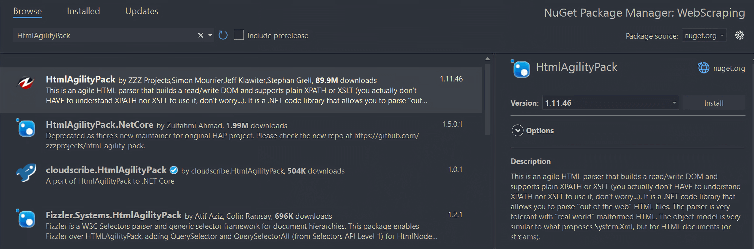 Installing HtmlAgilityPack for C# web scraping