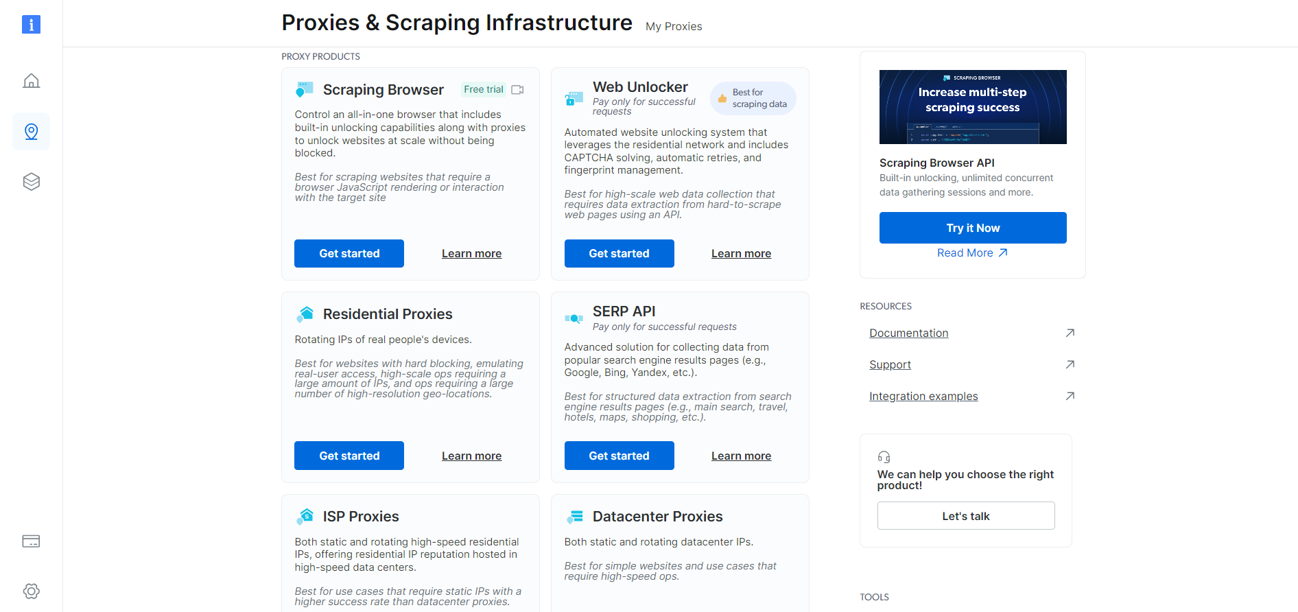 The proxies and scraping infrastructure services list on demlon's control panel