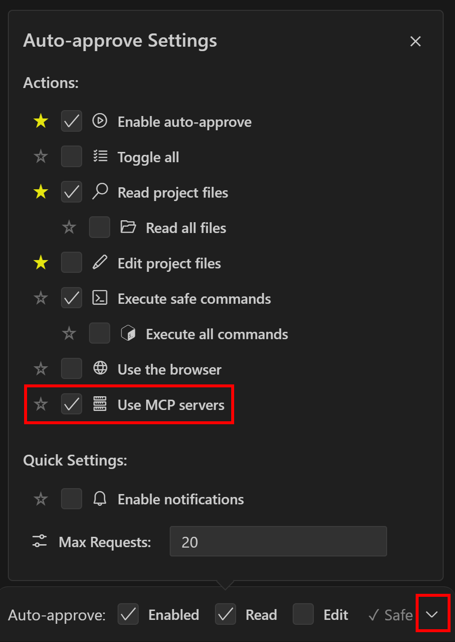 Turning on MCP Server usage in the settings