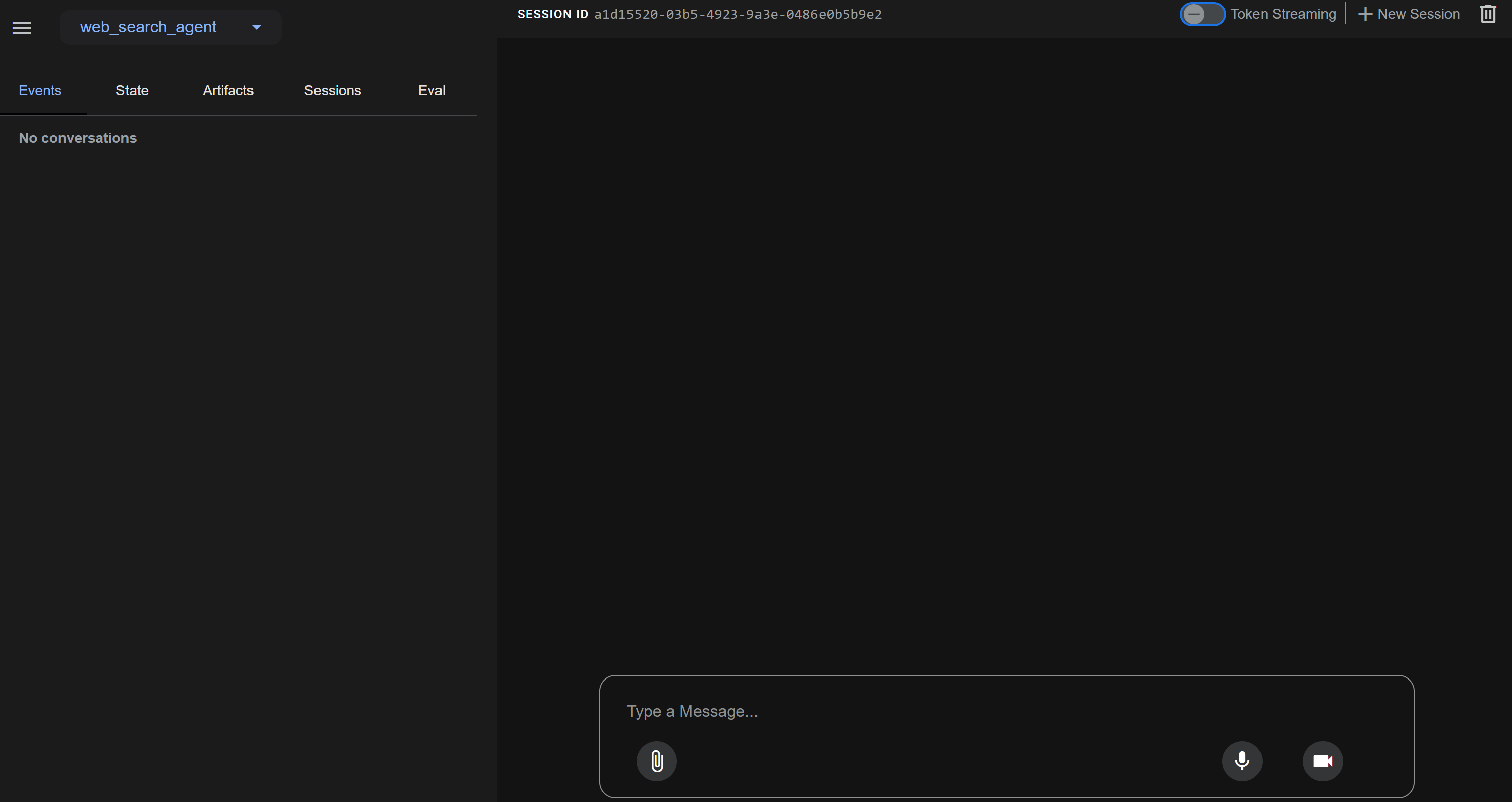 A dark-themed user interface for a web search agent, showing a left sidebar with tabs for Events, State, Artifacts, Sessions, and Eval, and a central area indicating 'No conversations' with a text input area labeled 'Type a Message...' at the bottom, along with icons for microphone and video options.