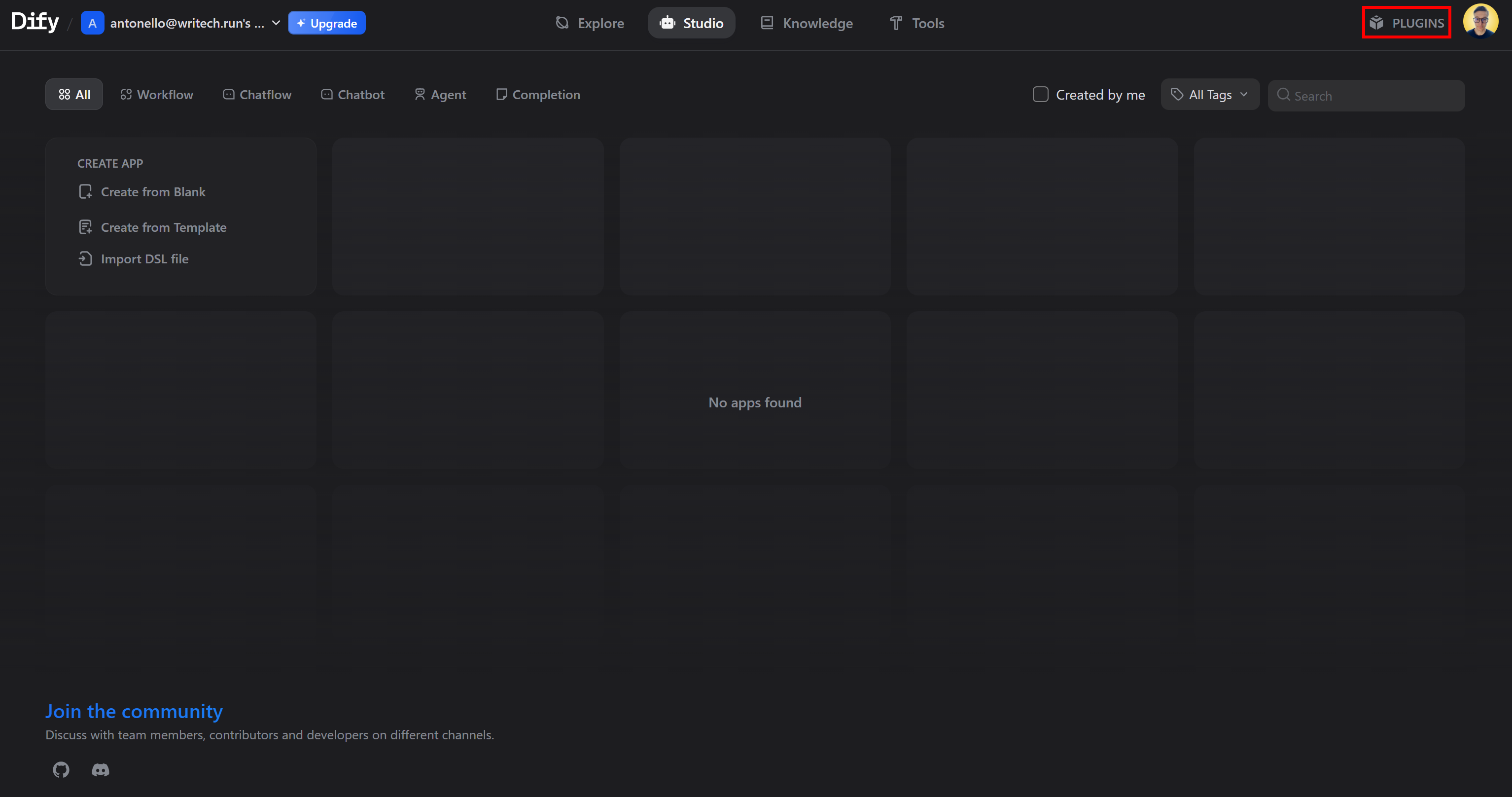 Clicking the “PLUGINS” option