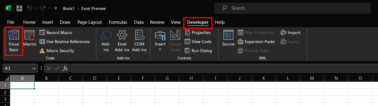 under the developer tab, clicking on visual basic