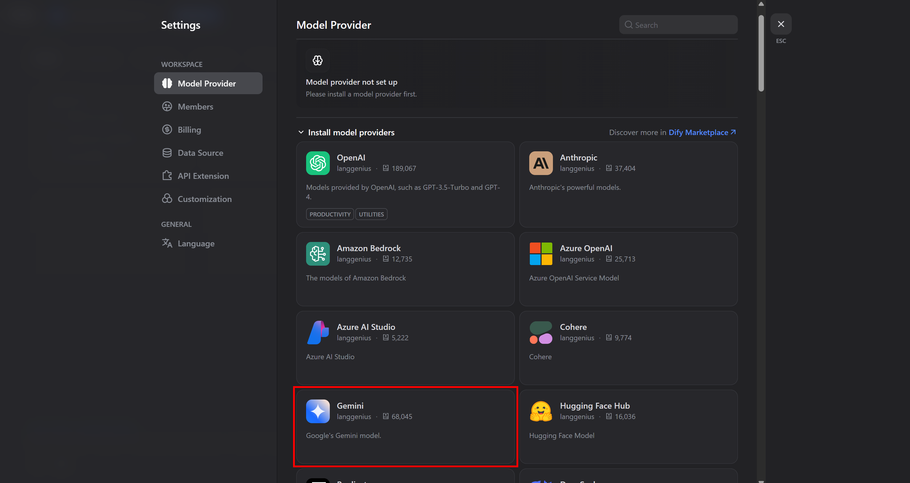 Selecting Gemini as the Dify model provider