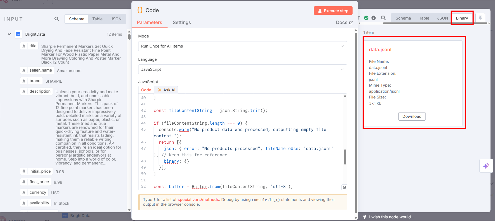 The data.jsonl file into the Code node