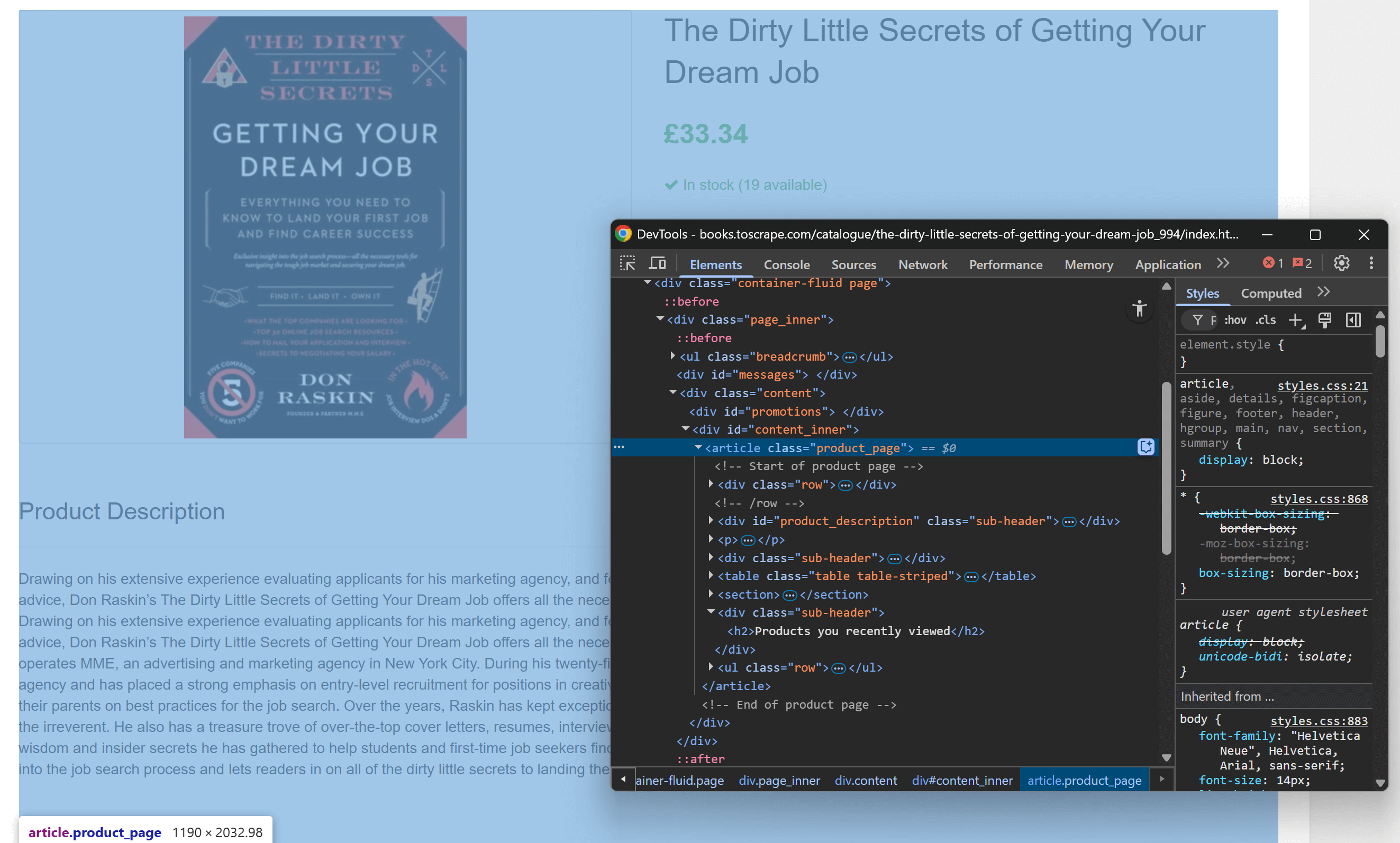 Inspecting the main info element on the page