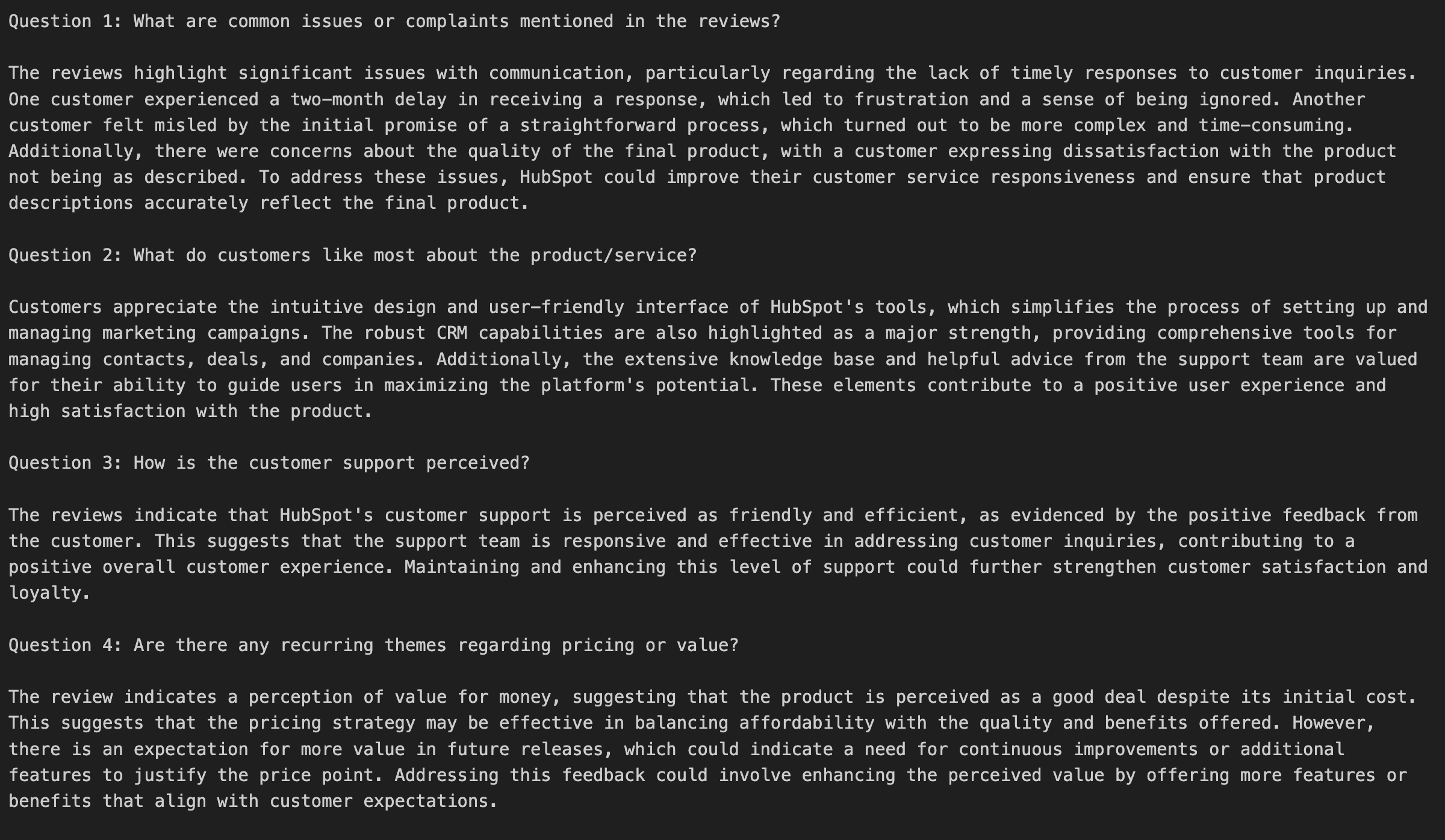Text discussing customer reviews, highlighting common complaints about communication delays and product quality issues, positive feedback on HubSpot's user-friendly design and CRM capabilities, customer support perception as friendly and efficient, and themes regarding value for money in pricing strategies.