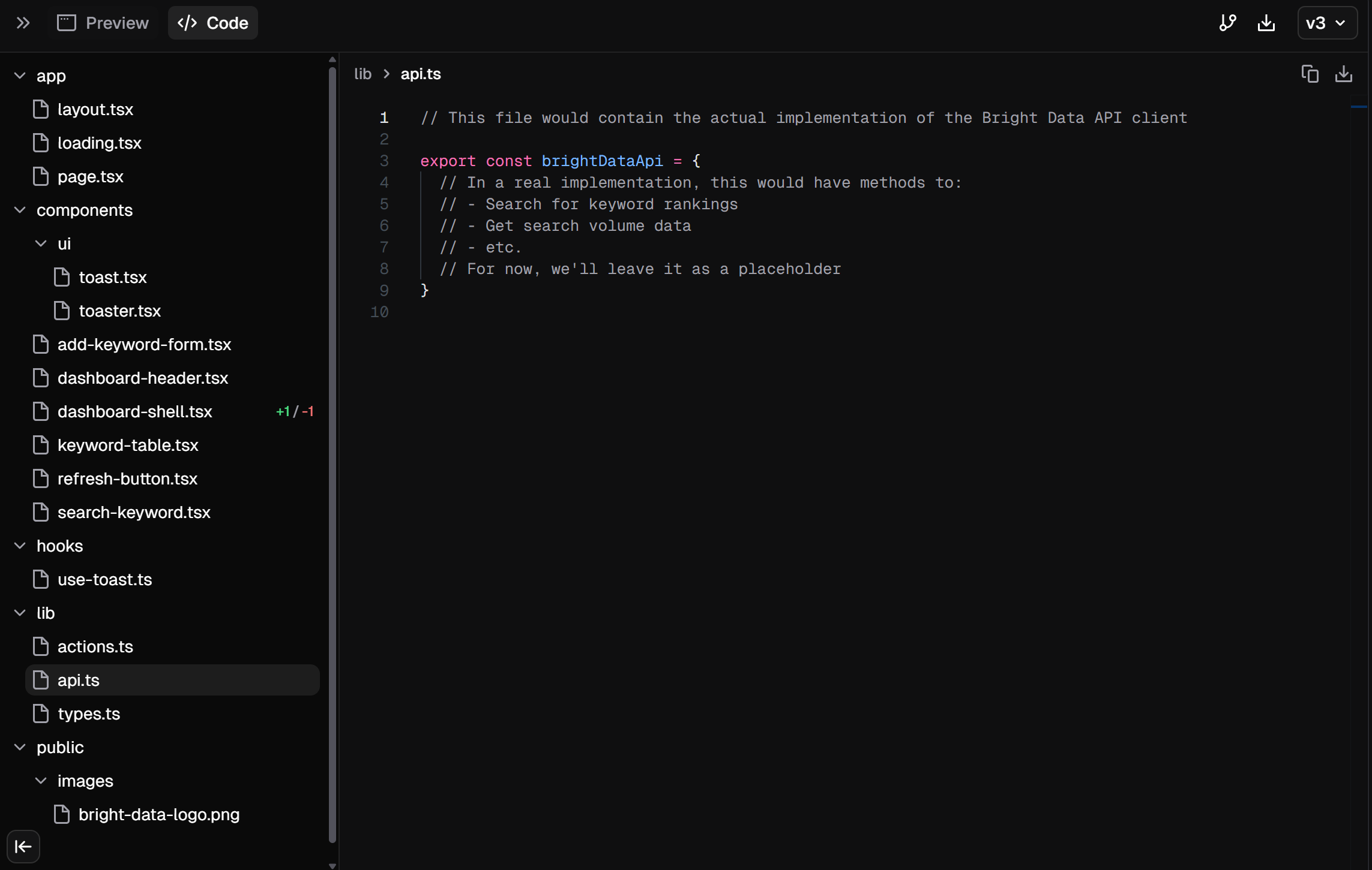 Screenshot of a code editor displaying TypeScript code for an API client implementation. The left panel shows a file structure with folders named 'app', 'components', 'hooks', and 'lib', while the right panel shows a file named 'api.ts' containing commented instructions about the demlon API.
