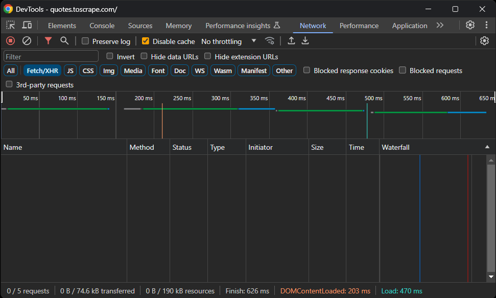 Network tab of the developer tools on Chrome