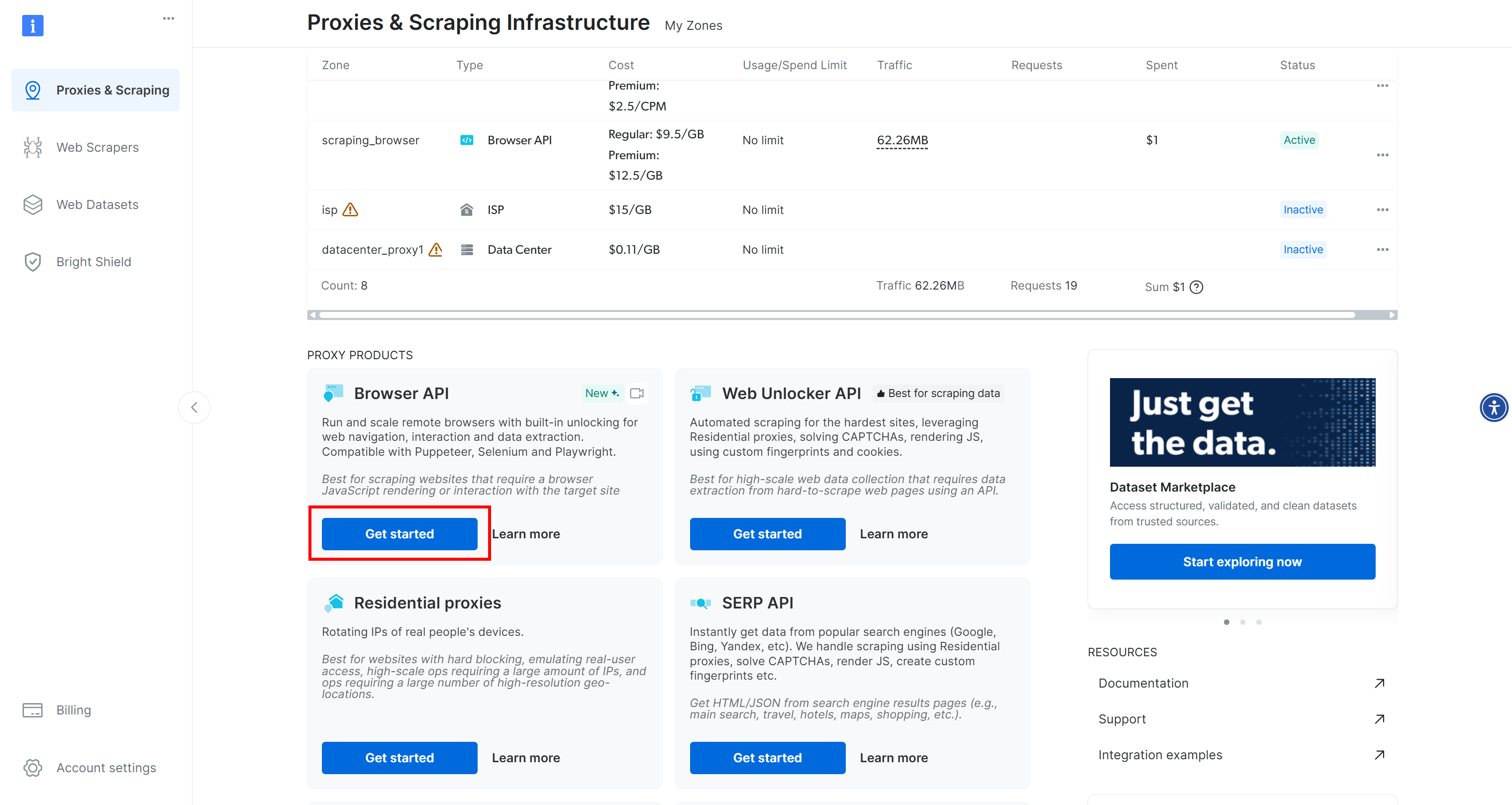 Pressing “Get Started” on the Browser API card