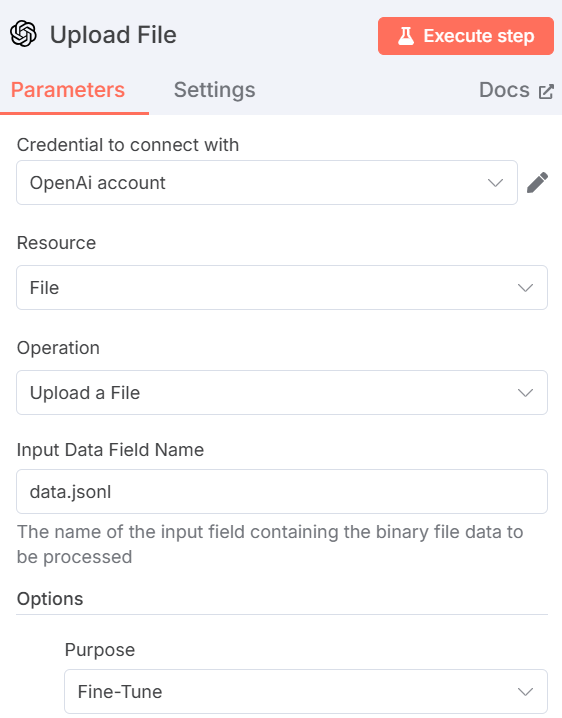 The OpenAI node settings